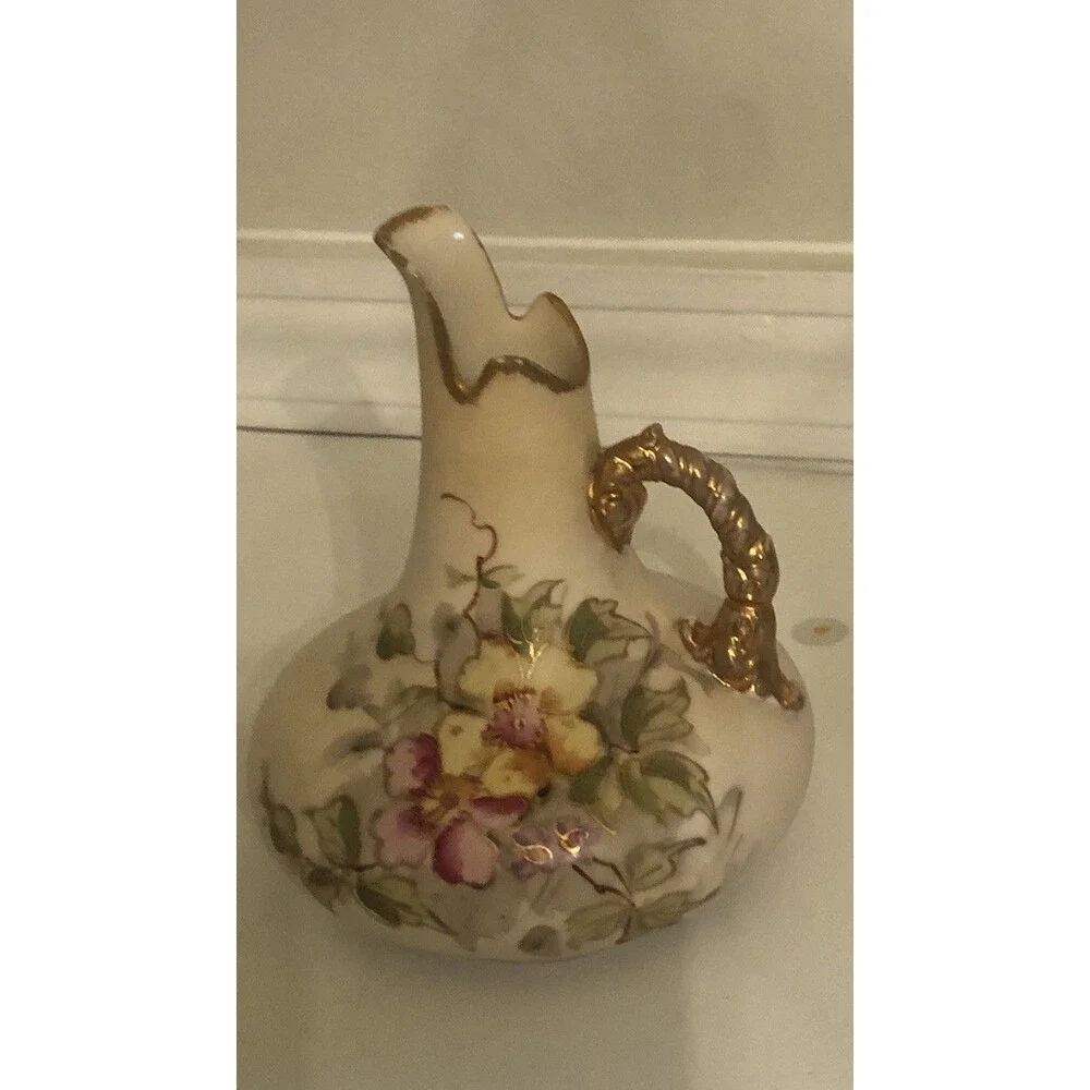 Antique Art Nouveau Ewer Austria Pink Floral Pitcher 5 1/4”h gold Handle